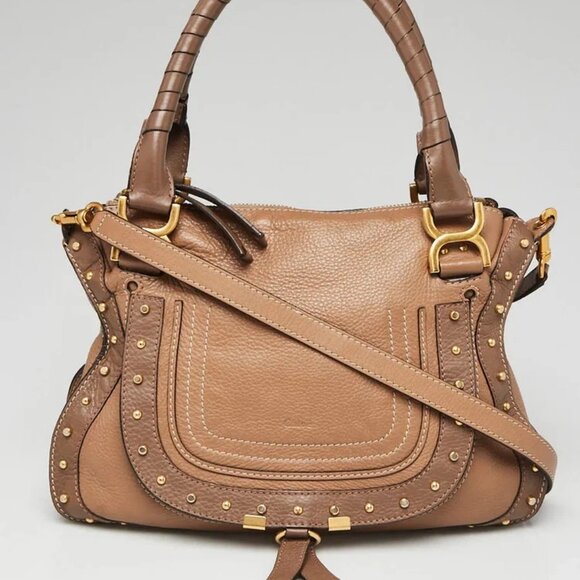 Chloe Nut Brown Leather Studded Medium Marcie Double Carry Bag - Picture 1 of 12